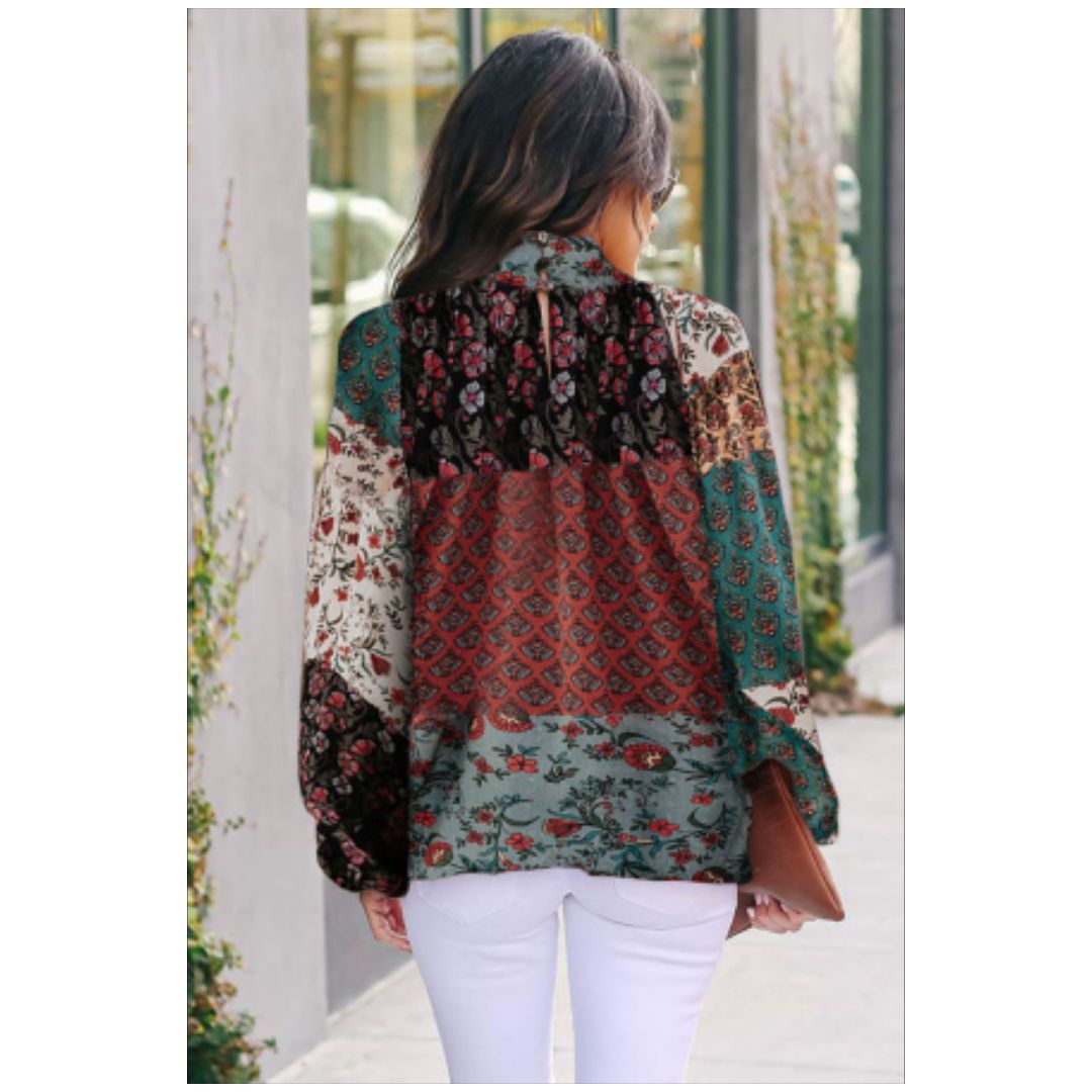 Mfed Multicolor Keyhole Mix Print Mock Neck Blouse