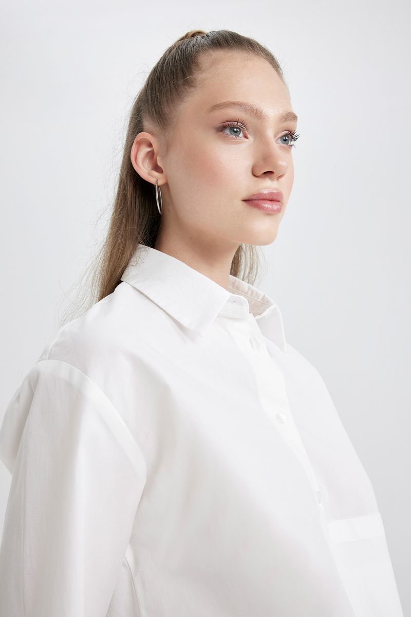 Woman Regular Fit Shirt Neck Woven Long Sleeve Shirt - White