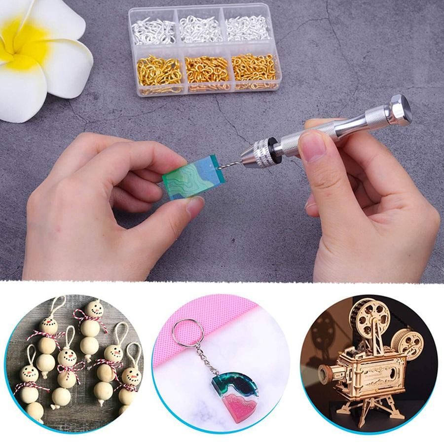 Resin Tools Kit with 1Pcs Pin Vise Hand Drill 10Pcs Drill Bits and 400Pcs Screw Eye Pins for DIY Keychain Pendant Making