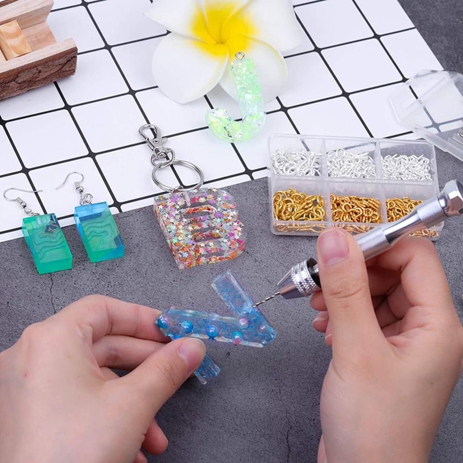 Resin Tools Kit with 1Pcs Pin Vise Hand Drill 10Pcs Drill Bits and 400Pcs Screw Eye Pins for DIY Keychain Pendant Making