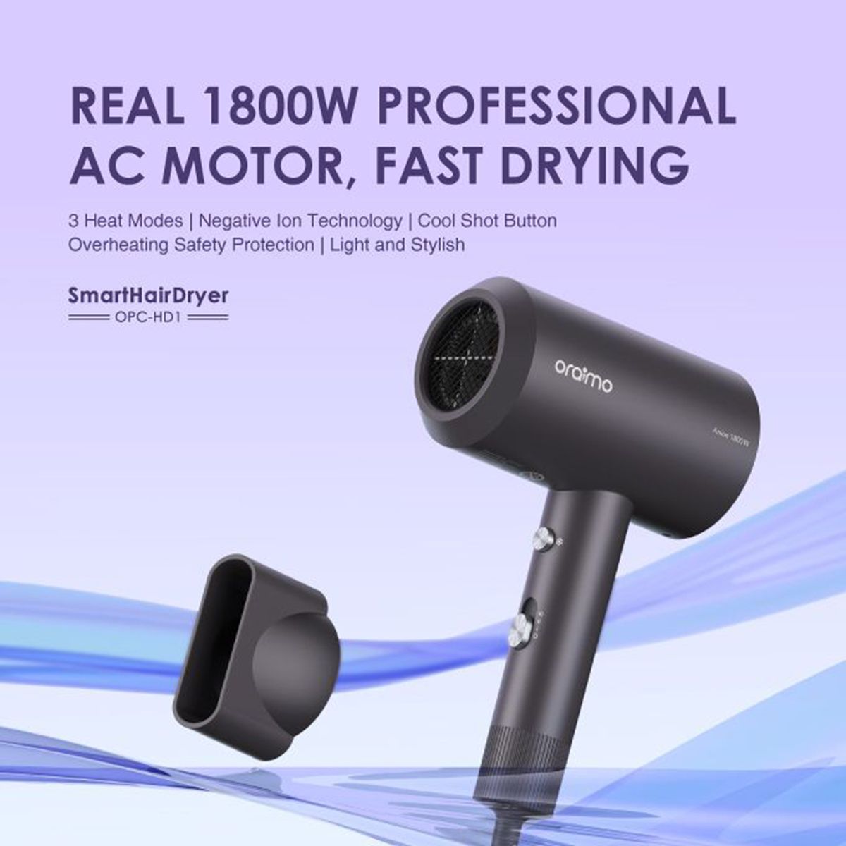 SmartHairDryer 1800W 3 Heat Modes Negative Ion Technology Hair Dryer
