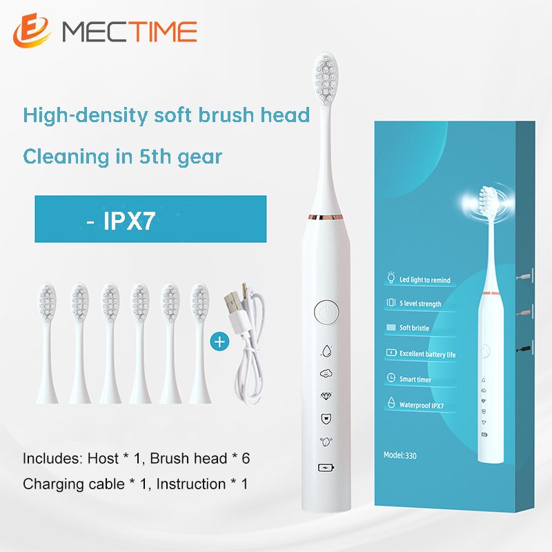 Five-Speed Electric Toothbrush With Six Brush Heads- White