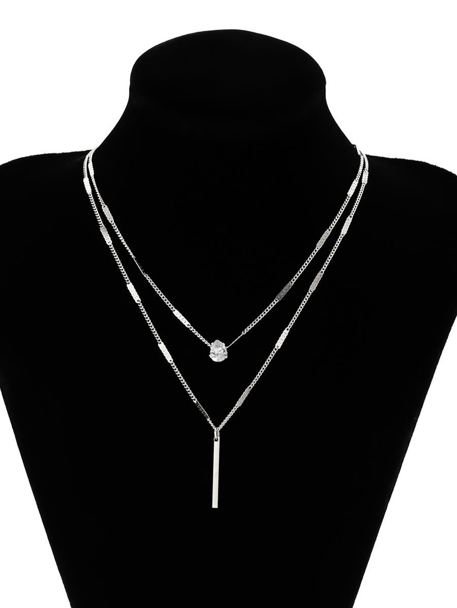 Women Two Layer Diamond Pendant Chain Necklace Silver