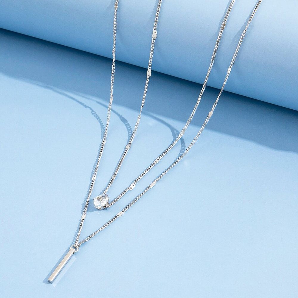 Women Two Layer Diamond Pendant Chain Necklace Silver