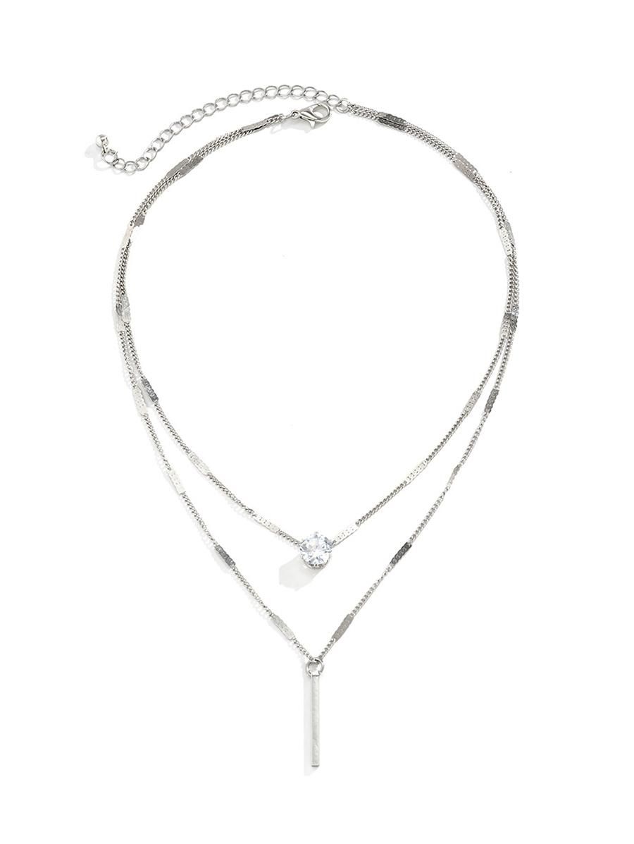 Women Two Layer Diamond Pendant Chain Necklace Silver