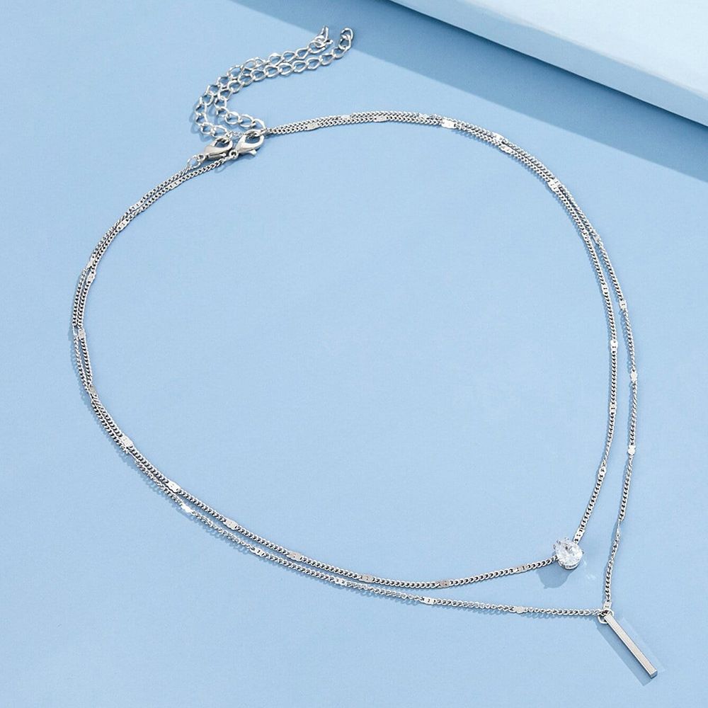 Women Two Layer Diamond Pendant Chain Necklace Silver