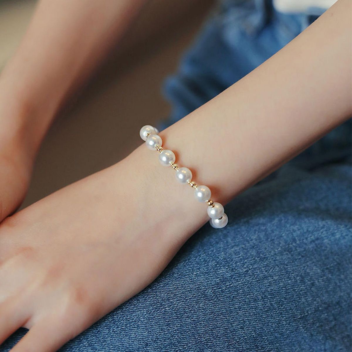 Ladies Bracelet Girl Faux Pearl Cuff Bracelet Fashion Jewelry White