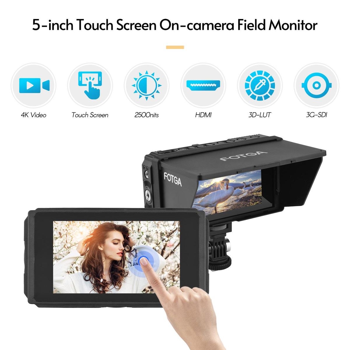 Fotga E50S 4K On-camera Field Monitor 5-inch Touch IPS Screen 2500nits with HDMI 3G-SDI 3D LUT USB Upgrade for DSLR Camera Camcorder