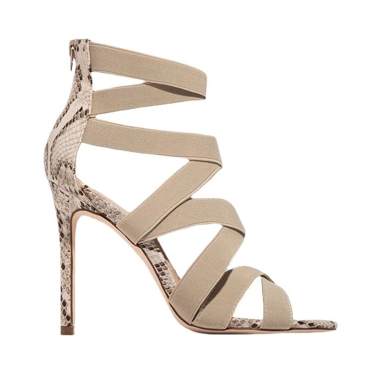 Ladies Sexy Cross Strap High Heels Female Party Sandal Shoes-Beige