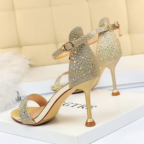 Ladies High Heels Crystal Word Band Open Toes Sandals Gold