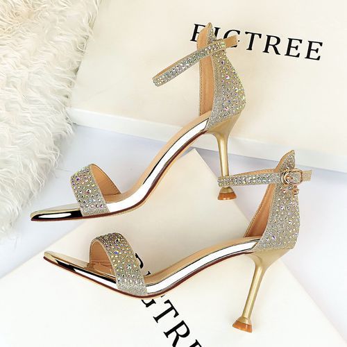 Ladies High Heels Crystal Word Band Open Toes Sandals Gold