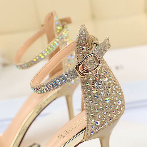 Ladies High Heels Crystal Word Band Open Toes Sandals Gold