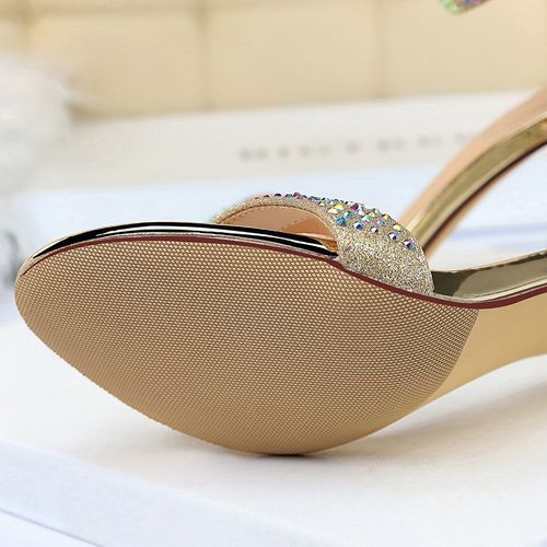 Ladies High Heels Crystal Word Band Open Toes Sandals Gold