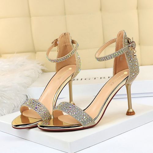Ladies High Heels Crystal Word Band Open Toes Sandals Gold