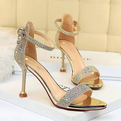 Ladies High Heels Crystal Word Band Open Toes Sandals Gold