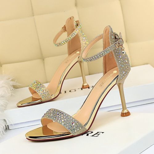 Ladies High Heels Crystal Word Band Open Toes Sandals Gold