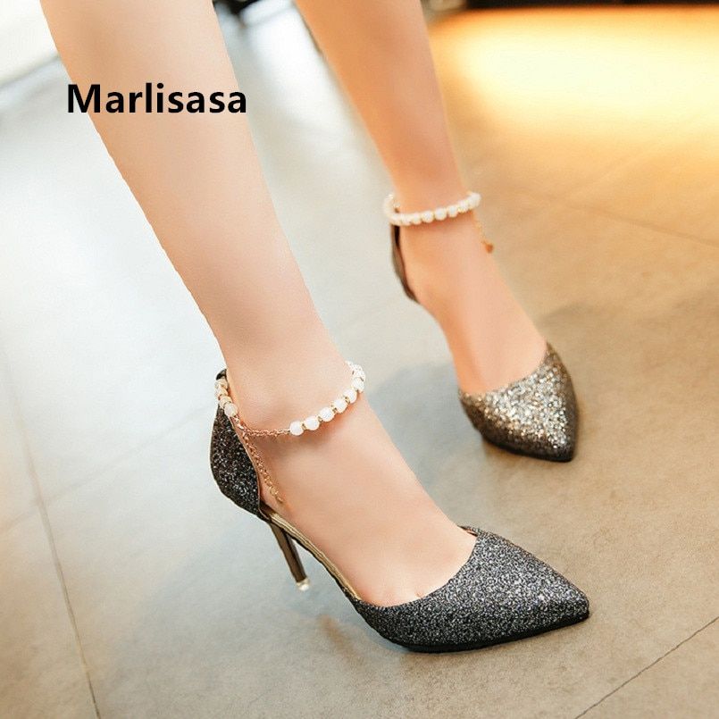 Talon Femme Bridal Sexy Silver Party High Heel Shoes Lady Sweet Black Sandals