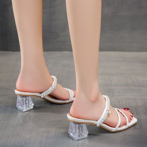 Ladies Pearl Low Heel Fashion Sandals-White