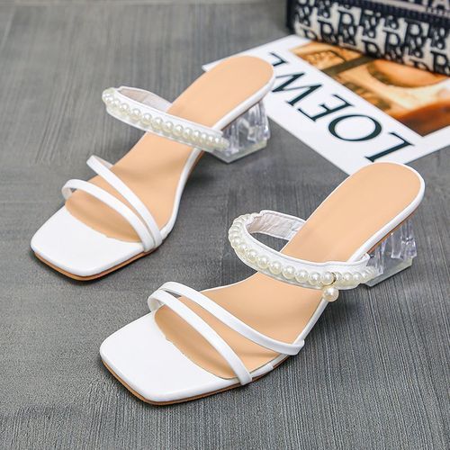 Ladies Pearl Low Heel Fashion Sandals-White