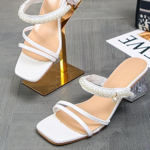 Ladies Pearl Low Heel Fashion Sandals-White