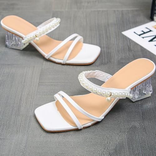 Ladies Pearl Low Heel Fashion Sandals-White