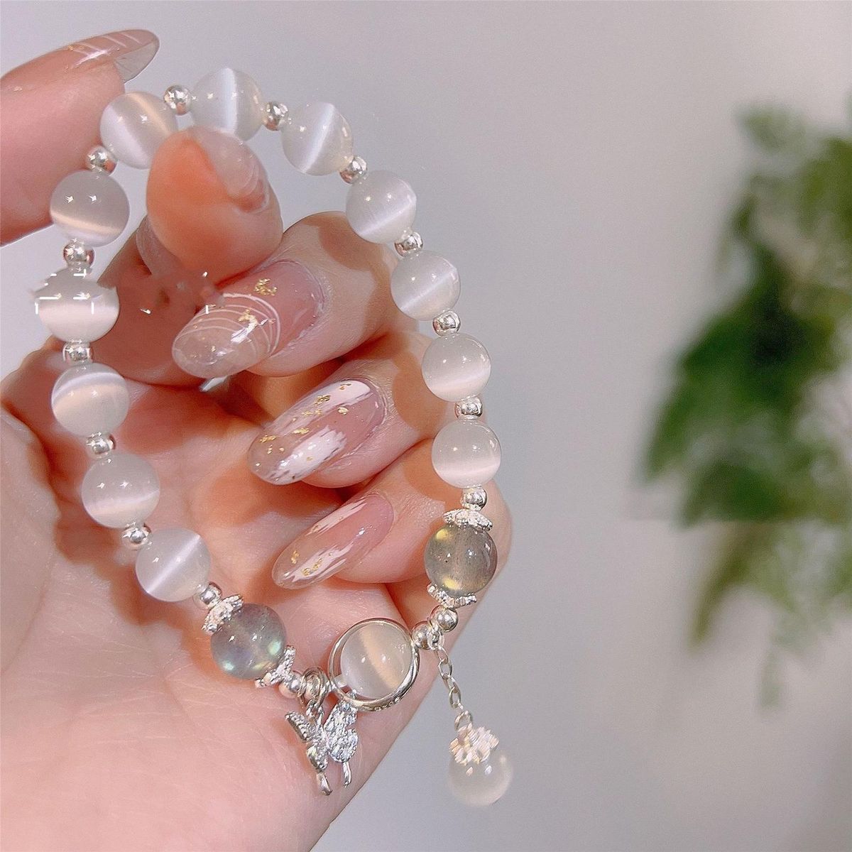 Lady Wrist Bracelet Opal Butterfly Pendant Elastic Band for Women Silver