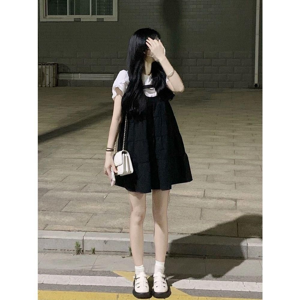 Preppy Style Suspender Dress for Female Students Summer New Sweet Cute Anti-Aging Small Suspender Dress Two-Piece Set