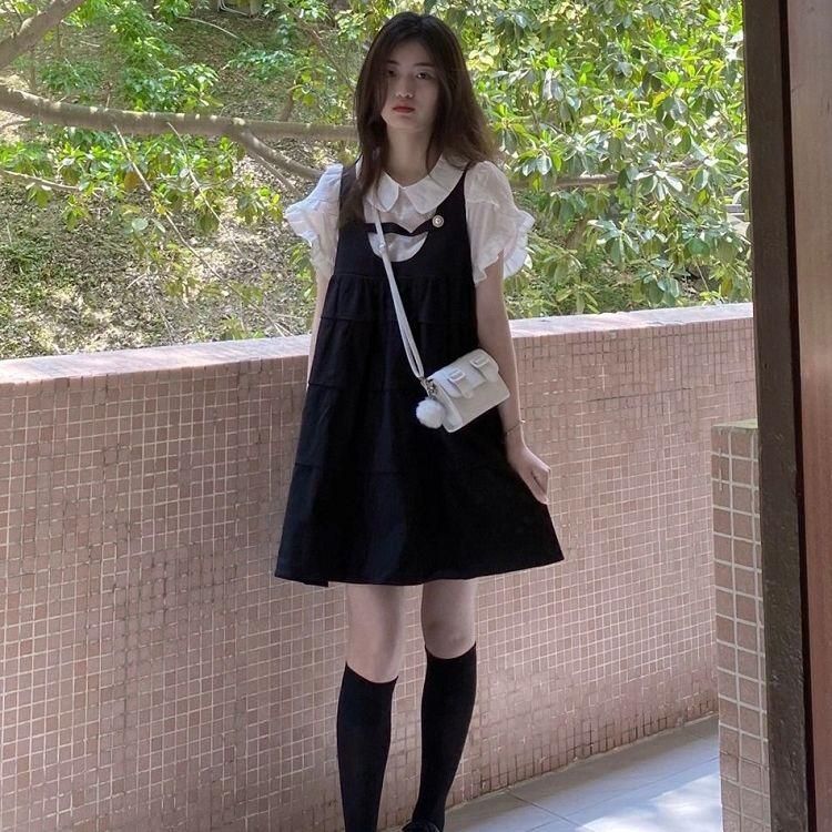 Preppy Style Suspender Dress for Female Students Summer New Sweet Cute Anti-Aging Small Suspender Dress Two-Piece Set