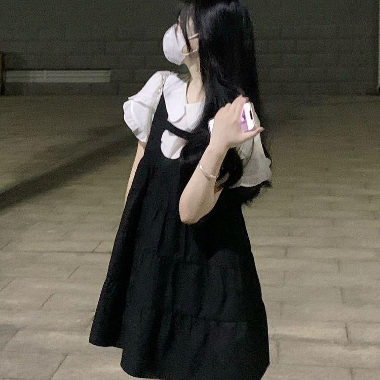 Preppy Style Suspender Dress for Female Students Summer New Sweet Cute Anti-Aging Small Suspender Dress Two-Piece Set