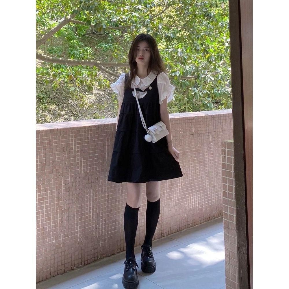 Preppy Style Suspender Dress for Female Students Summer New Sweet Cute Anti-Aging Small Suspender Dress Two-Piece Set