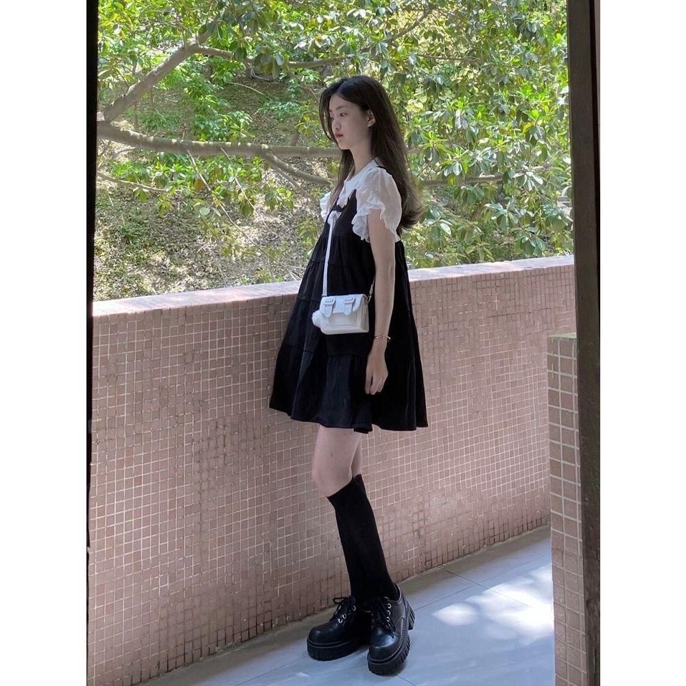 Preppy Style Suspender Dress for Female Students Summer New Sweet Cute Anti-Aging Small Suspender Dress Two-Piece Set