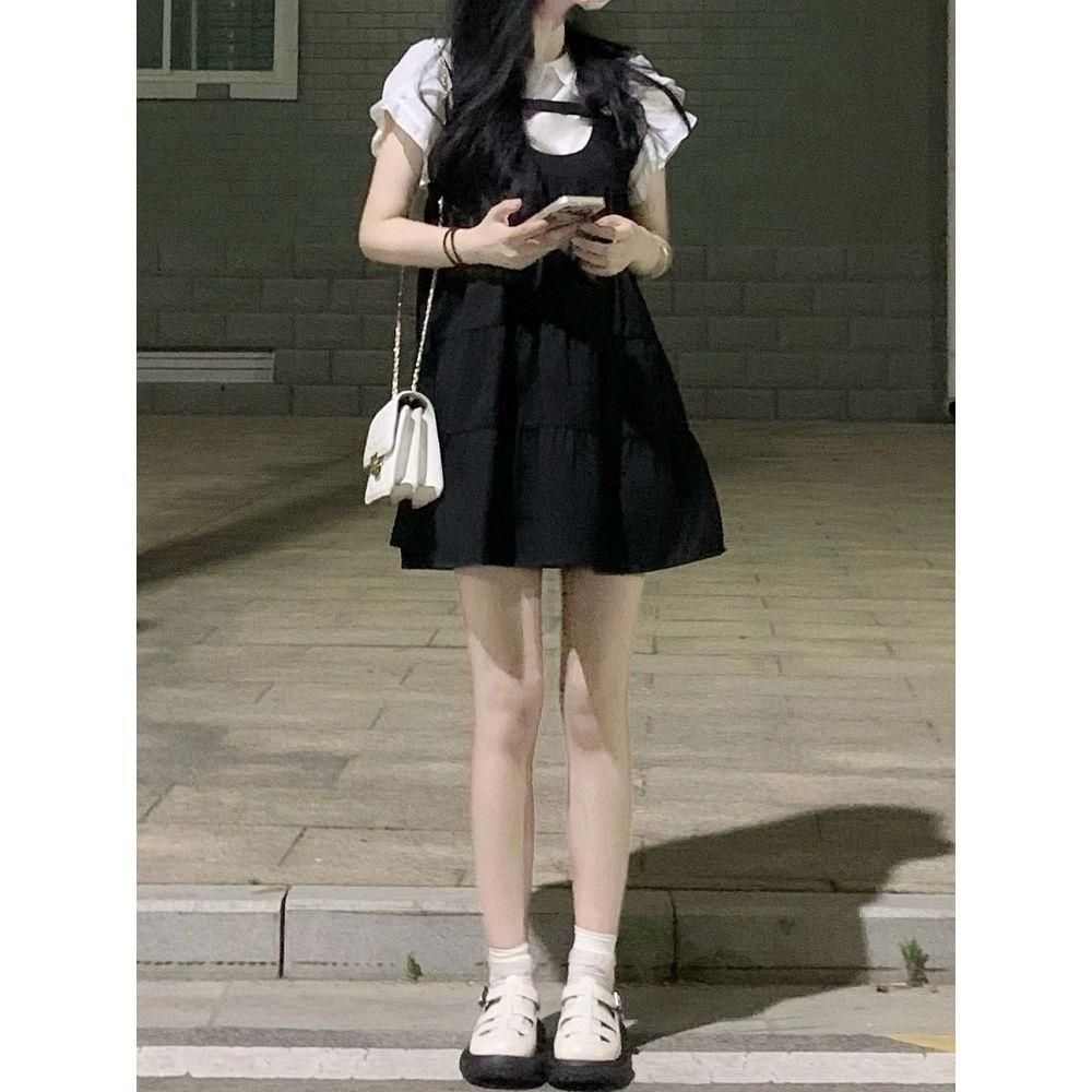 Preppy Style Suspender Dress for Female Students Summer New Sweet Cute Anti-Aging Small Suspender Dress Two-Piece Set