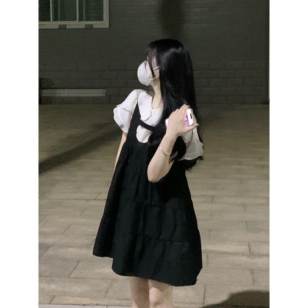 Preppy Style Suspender Dress for Female Students Summer New Sweet Cute Anti-Aging Small Suspender Dress Two-Piece Set