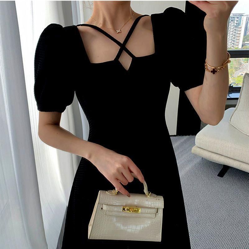 Graceful and Fashionable V-neck Dress for Women 2023 Summer New Korean Style Tight Waist Slimming and Simple Style Pure Desire A- line Midi Dress