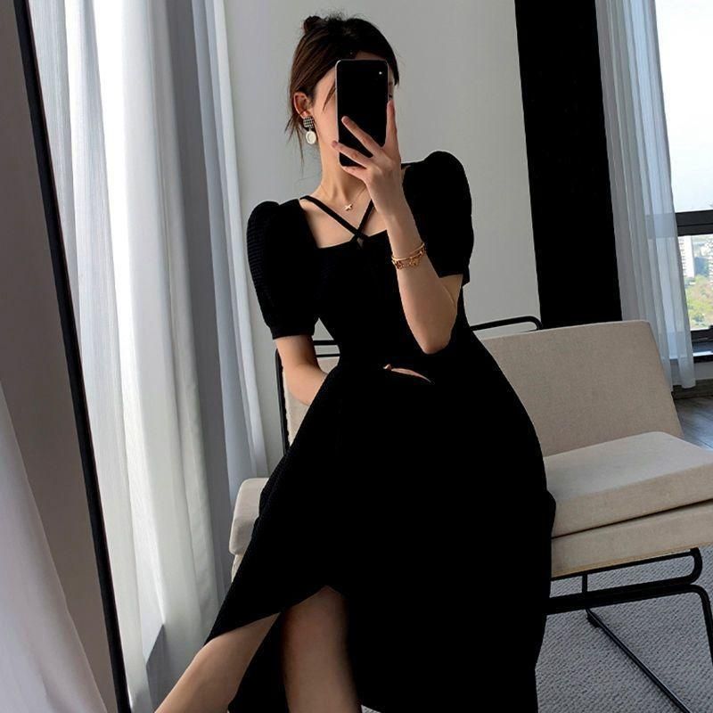 Graceful and Fashionable V-neck Dress for Women 2023 Summer New Korean Style Tight Waist Slimming and Simple Style Pure Desire A- line Midi Dress