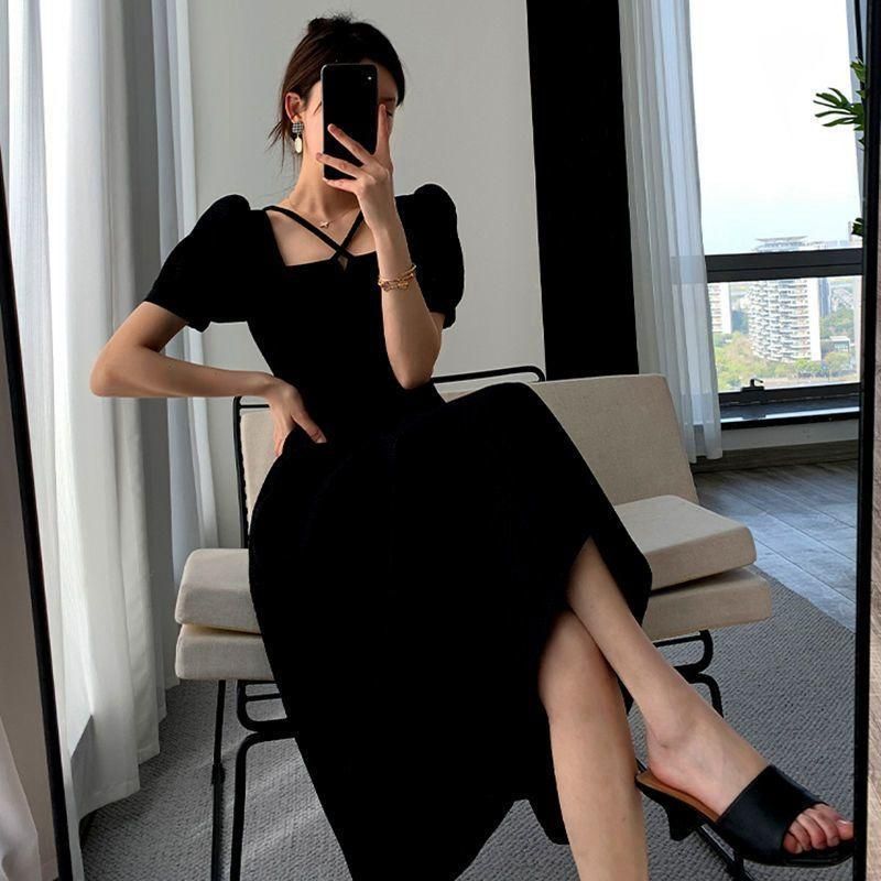 Graceful and Fashionable V-neck Dress for Women 2023 Summer New Korean Style Tight Waist Slimming and Simple Style Pure Desire A- line Midi Dress