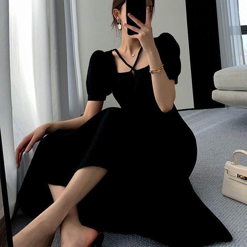 Graceful and Fashionable V-neck Dress for Women 2023 Summer New Korean Style Tight Waist Slimming and Simple Style Pure Desire A- line Midi Dress