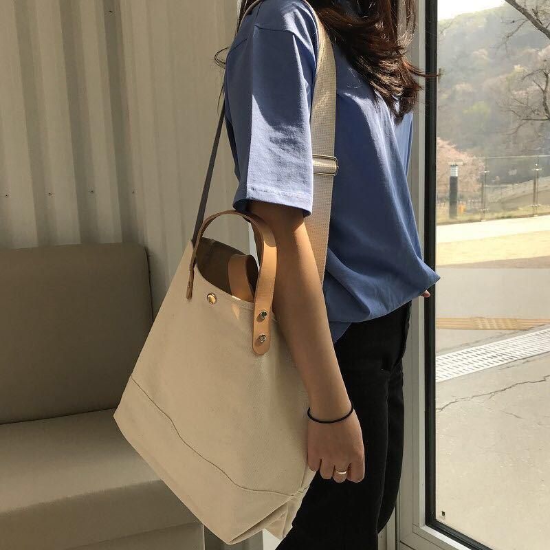 Simple all-match large bag 2020 new ins canvas large-capacity handbag casual shoulder messenger bag white
