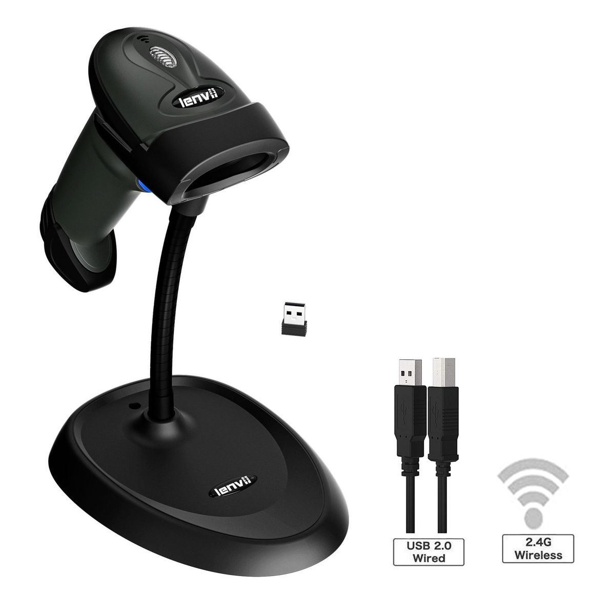 CW200 2D Wireless Barcode Scanner With Stand, Handheld Wired QR Code Reader With Adjustable Stand Auto Scan 1D Barcode Scanner For Retail Stores, Supermarkets, Warehouses，Black