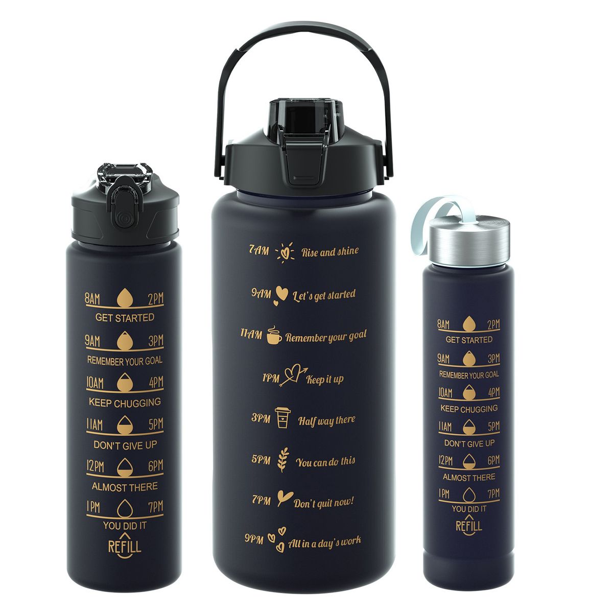 3 Pieces Water Bottle:300Ml, 900Ml & 2 Liter Time Marker