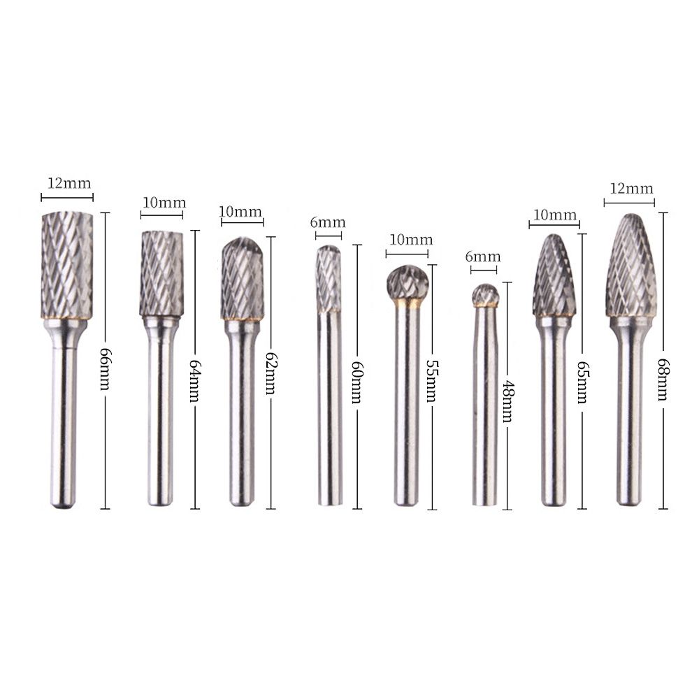 Tungsten Steel Burr Set With 6mm Shank 8Pcs Double Cut Solid