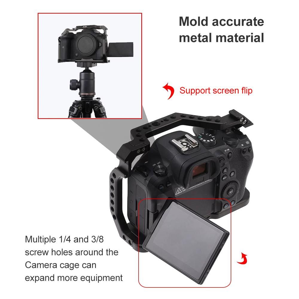 JLwin Metall Camera Cage Aluminum Alloy with Quick Release Plate Cold Shoe Mount Numerous 1/4in-20 And 3/8in-16 Threaded Holes Compatible with Canon EOS R5/R6 Camera