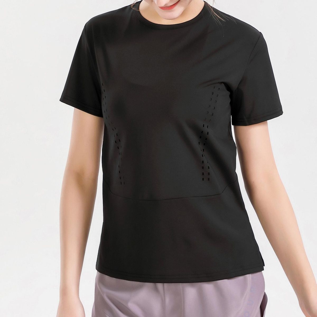 Women Yoga T-Shirt O-Neck Short Sleeve Tops Split Hem Hollow Out Breathable Elastic Solid Loose Running Fitness Gym Sportswear