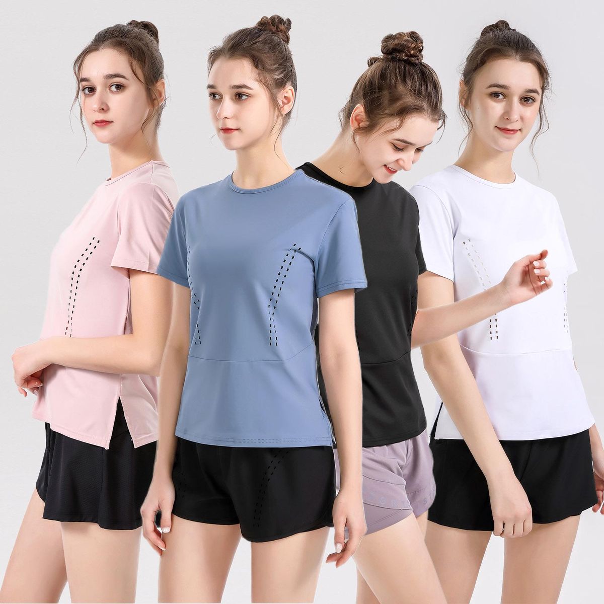 Women Yoga T-Shirt O-Neck Short Sleeve Tops Split Hem Hollow Out Breathable Elastic Solid Loose Running Fitness Gym Sportswear