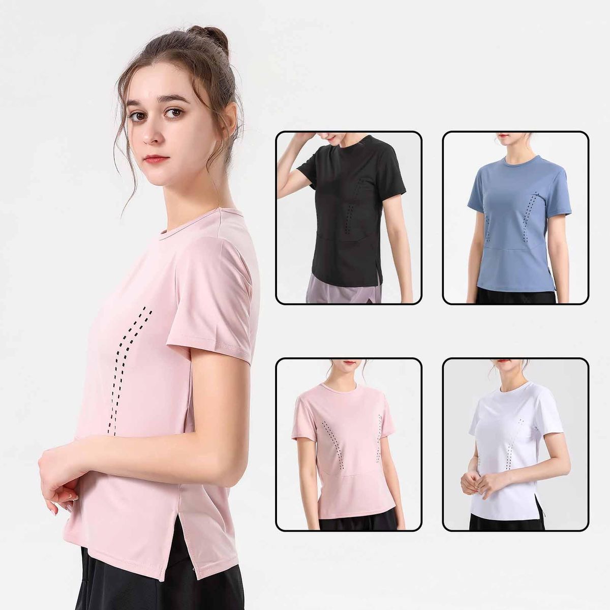 Women Yoga T-Shirt O-Neck Short Sleeve Tops Split Hem Hollow Out Breathable Elastic Solid Loose Running Fitness Gym Sportswear