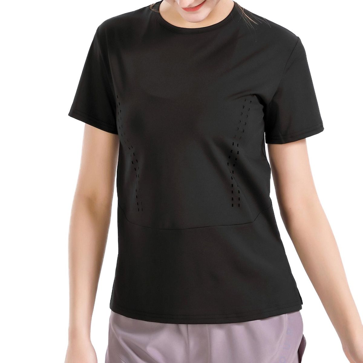 Women Yoga T-Shirt O-Neck Short Sleeve Tops Split Hem Hollow Out Breathable Elastic Solid Loose Running Fitness Gym Sportswear