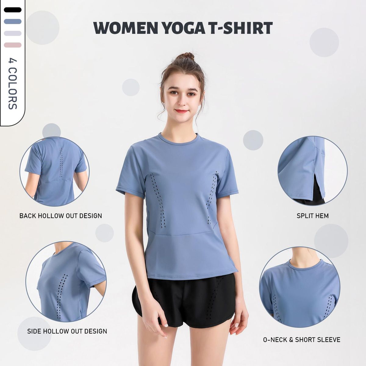 Women Yoga T-Shirt O-Neck Short Sleeve Tops Split Hem Hollow Out Breathable Elastic Solid Loose Running Fitness Gym Sportswear