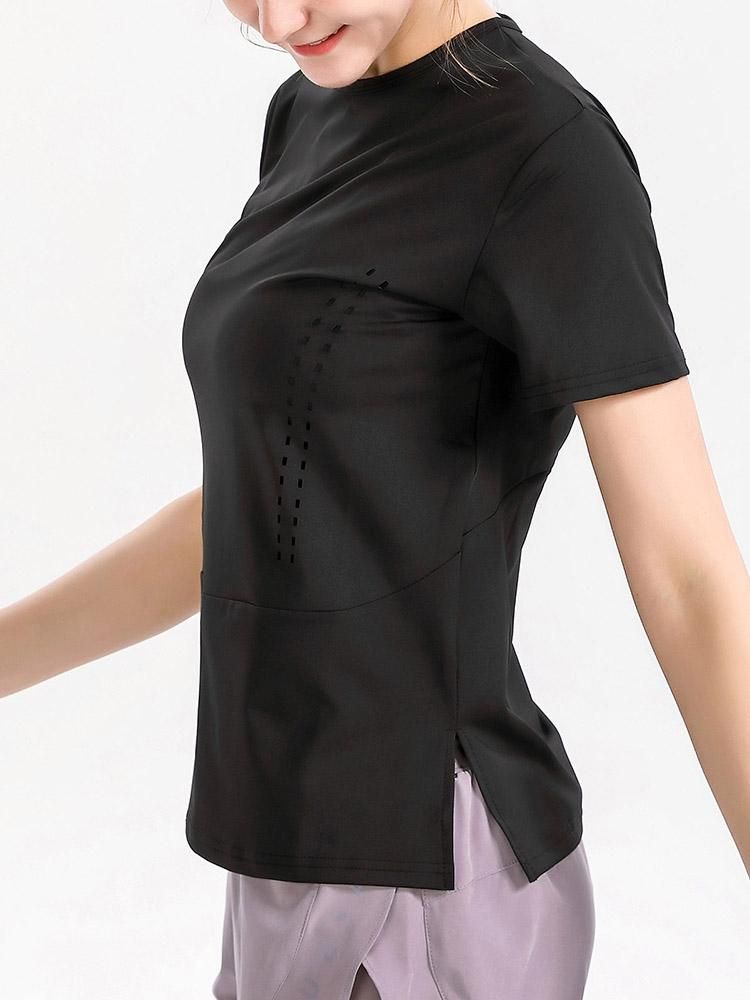 Women Yoga T-Shirt O-Neck Short Sleeve Tops Split Hem Hollow Out Breathable Elastic Solid Loose Running Fitness Gym Sportswear