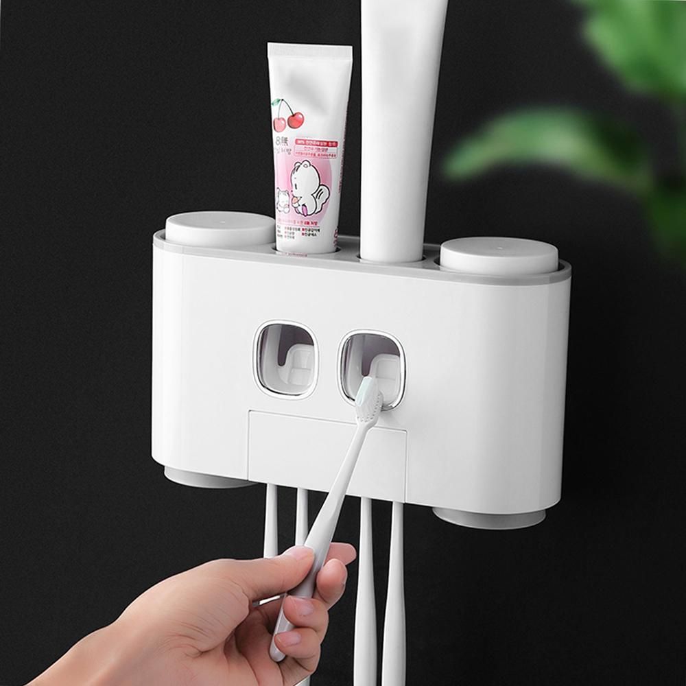 automatic squeeze toothpaste set vibrato toothbrush holder squeeze toothpaste artifact toothpaste toothbrush rack Four Cups of Happy Home-Grey