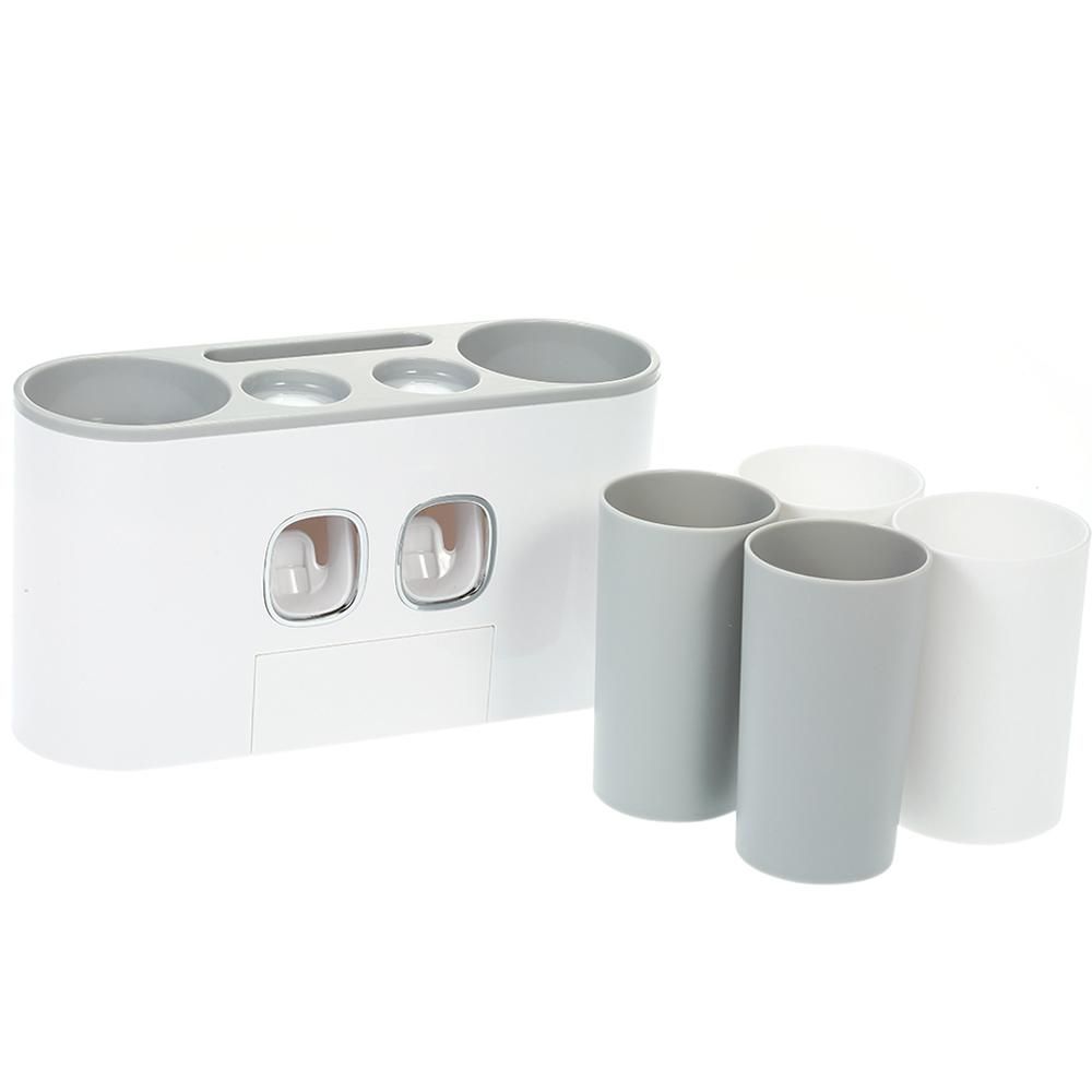 automatic squeeze toothpaste set vibrato toothbrush holder squeeze toothpaste artifact toothpaste toothbrush rack Four Cups of Happy Home-Grey